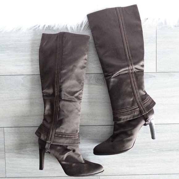 Ralph Lauren Purple Label Brown Satin Knee High Convertible Ankle Boots - Picture 2 of 16